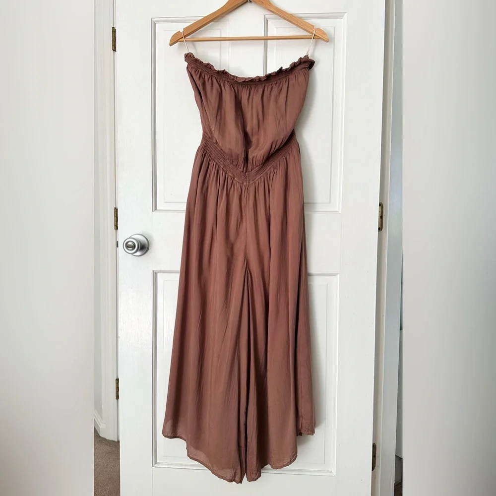 Wilfred Aritzia Masson Wide Leg Cropped Jumpsuit Strapless Nutmeg Brown Size M